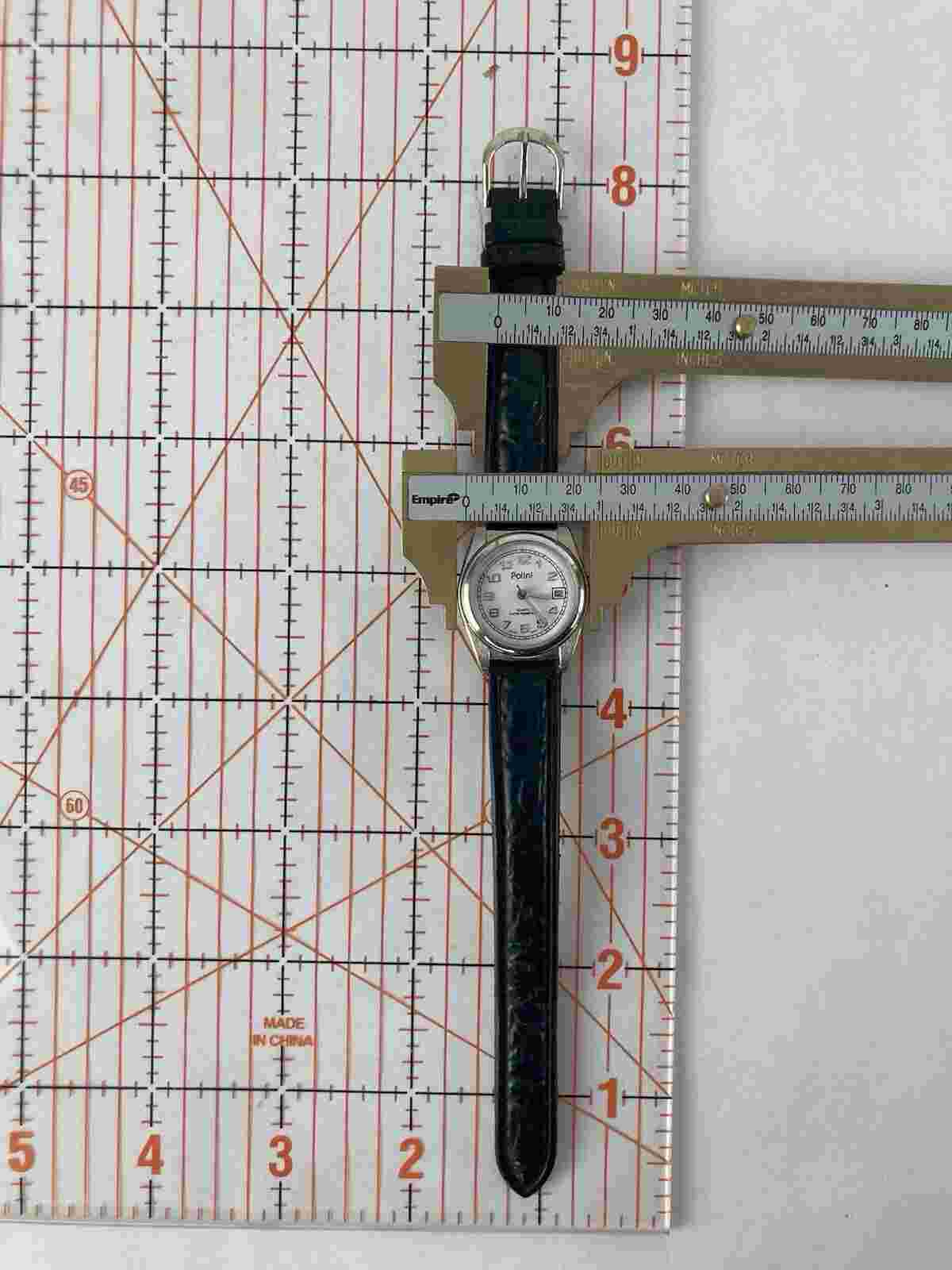 Polini 25mm Silver Tone Quartz Date Watch w/Black Leather Band & Battery