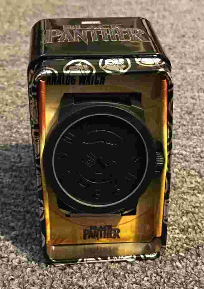 MARVEL COMICS BLACK PANTHER RUBBER BAND LARGE FACE ANALOG WATCH COLLECTIBLE TIN