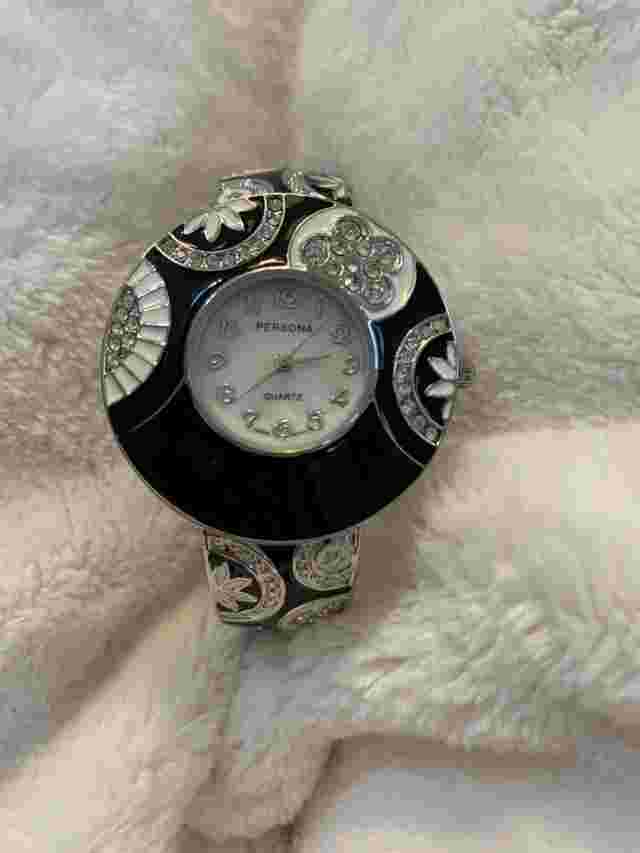 NEW Persona 36mm Silver Watch w Crystal & Black Enamel Mother Of Pearl Face