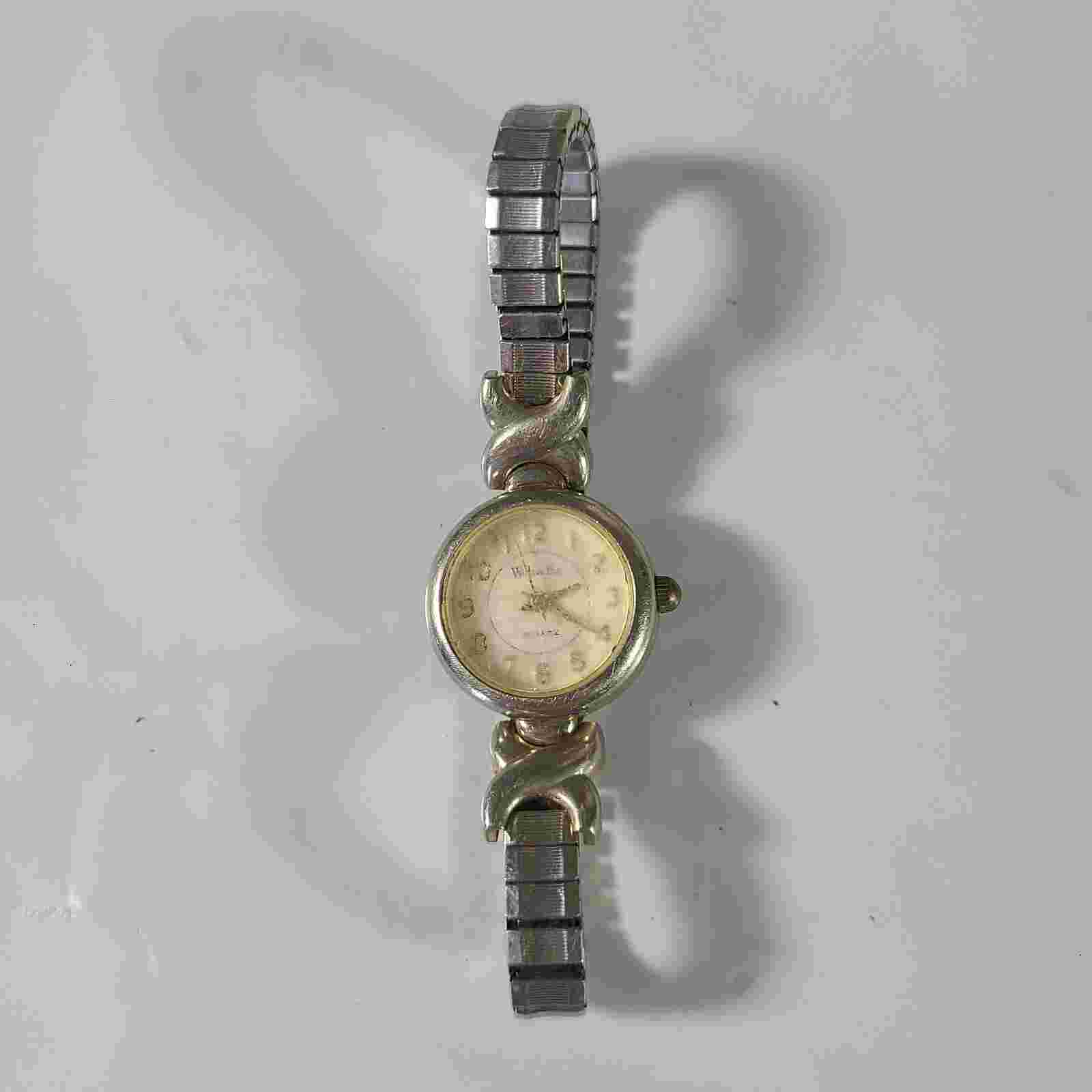 VTG Willow Grove Gold Tone Quartz Watch Stretch Band TESTED & WORKS NEEDS GLASS