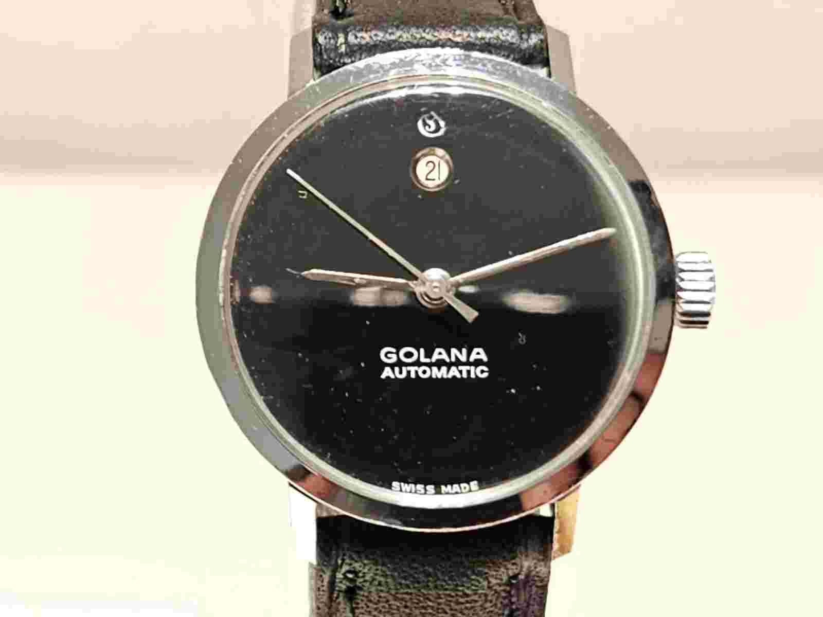 VINTAGE RARE CHROMED ELEGANT BLACK DIAL LADIES SWISS AUTOMATIC WATCH "GOLANA"