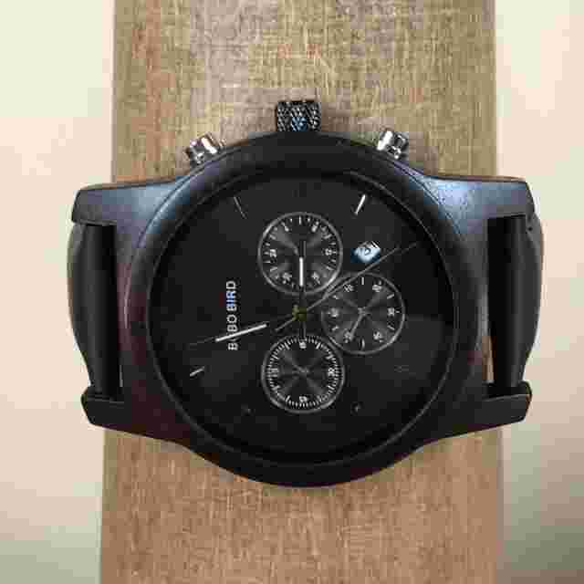 BOBO BIRD Men Black Dial Chronograph Black Leather Strap Quartz Wooden Watch 8