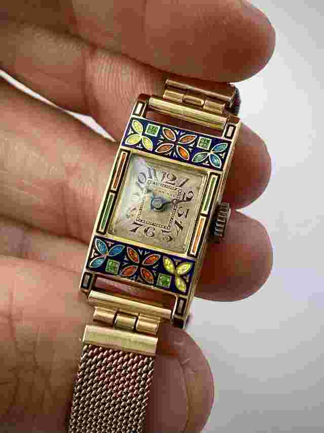 1920s/30s Germinal 18ct gold ladies watch with floral geometric enamel design