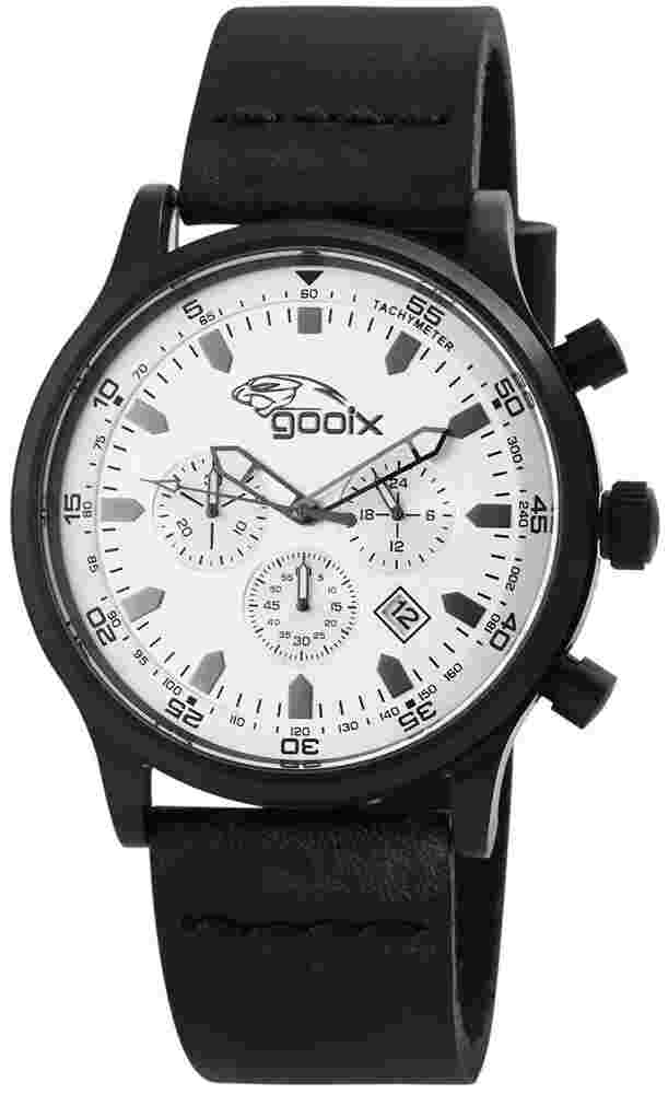 Men's Watch Wristwatch Chronograph Silver Black Leather Strap HUA05893 Gooix