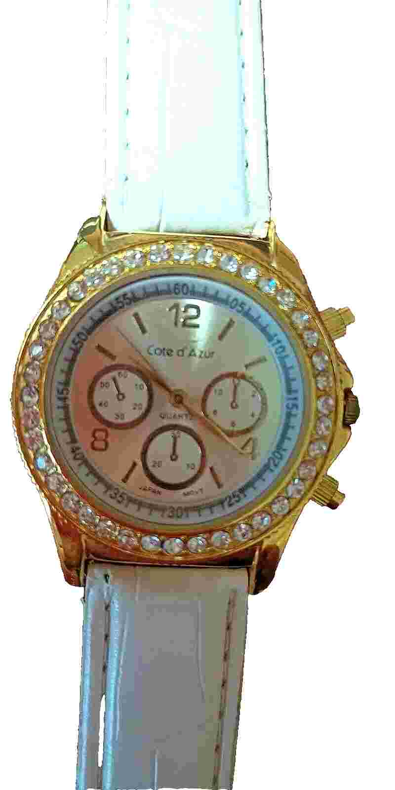 Cote D'Azur Ladies Watch Gold tone, Rhinestone Chronograph Leather White Strap,