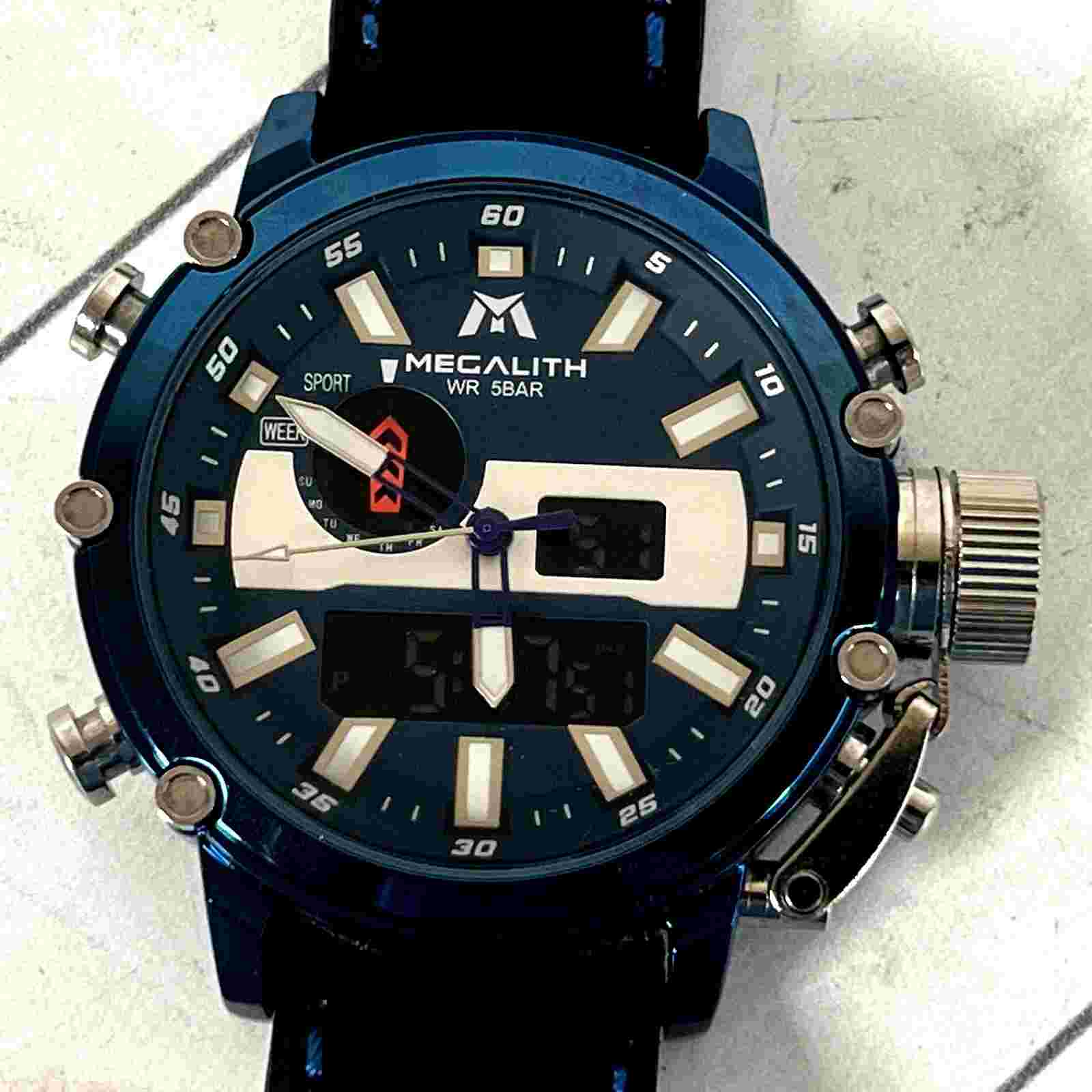 MEGALITH Genuine Leather Black Blue Military Stainless Steel Watch NEEDS BATTERY