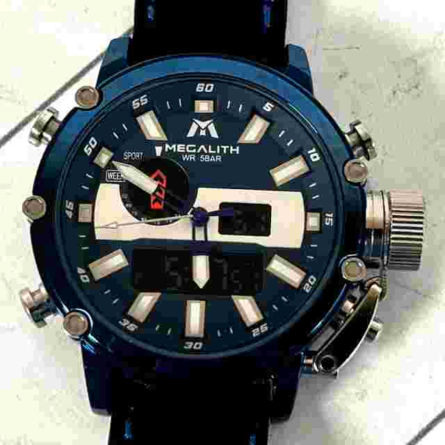 MEGALITH Genuine Leather Black Blue Military Stainless Steel Watch NEEDS BATTERY