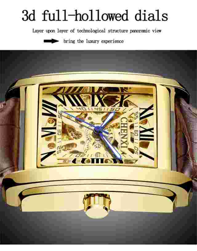 CHENXI Men Rectangle Watch Mechanical Automatic Wristwatch Hollow Out Wristwatch