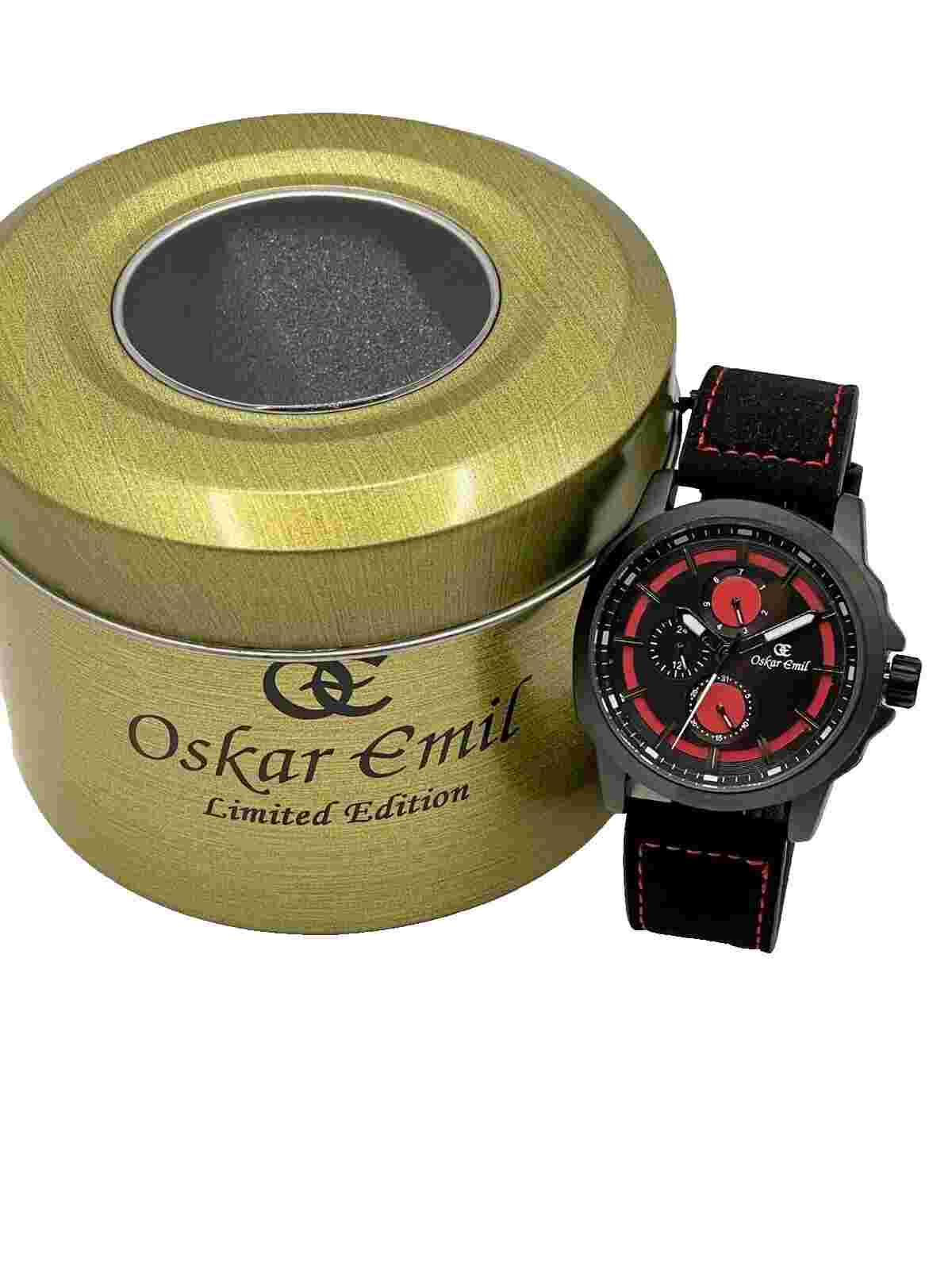 Oskar Emil Classic IMPALA Mens Multifunction Calendar Watch Suede Leather RED