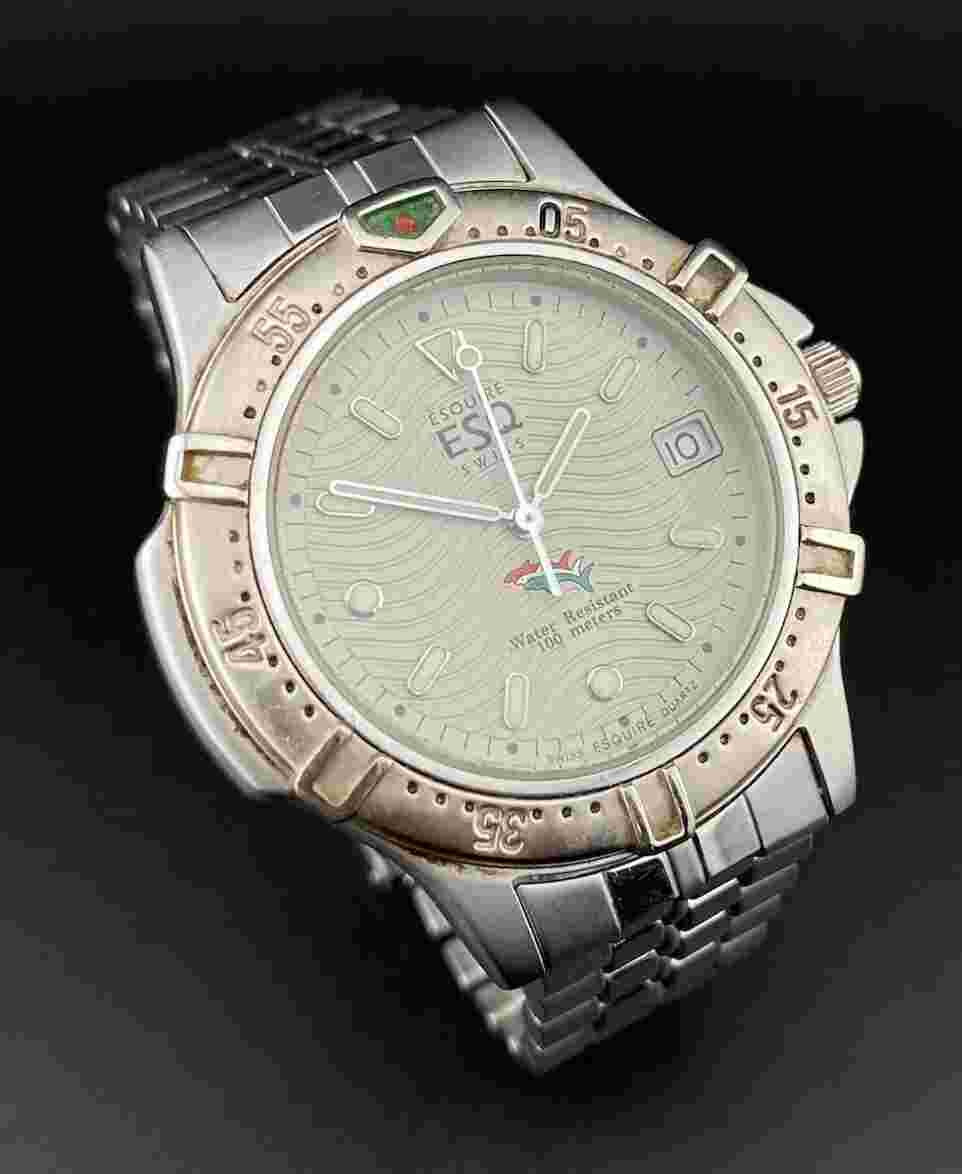 Vintage Movado ESQ Esquire Swiss Date Stainless Steel Men’s Watch Diver Nautical