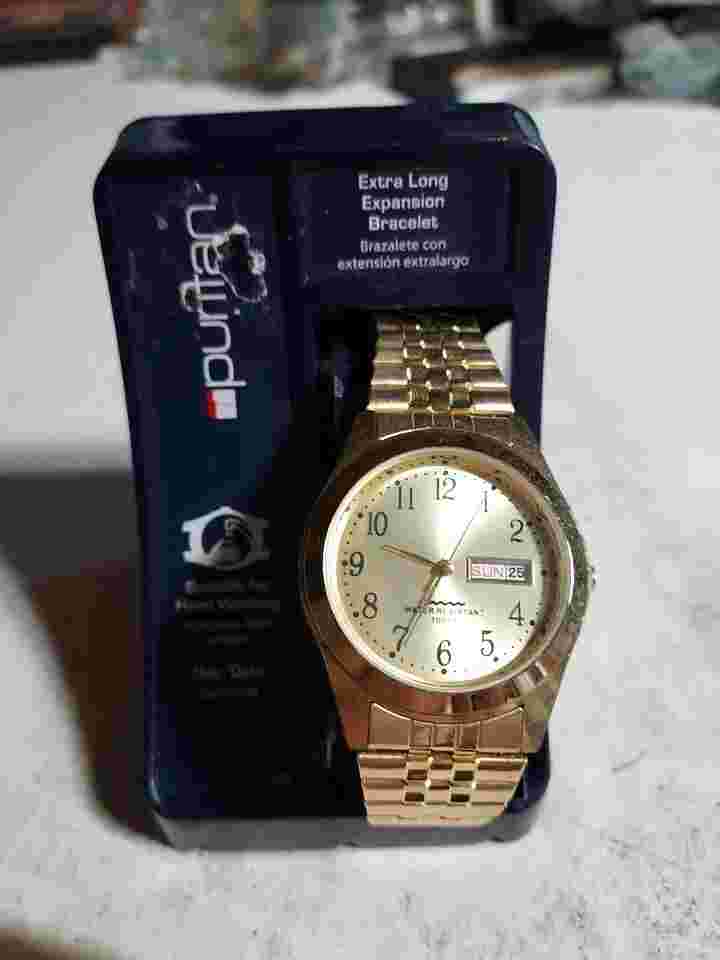 NEW Puritan PT498A Watch Day Date,WATER PROOF XTRA LONG BAND,NEEDS NEW BATTERY.