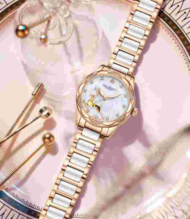 New Women Mechanical Ceramic Crystal Petal Shape Automatic Watch Bangle Gift Set