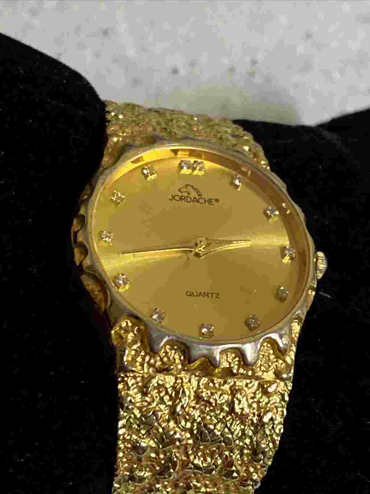 Vintage Jordache Watch Women 32mm Gold Tone Nugget Style Band New Battery 8”