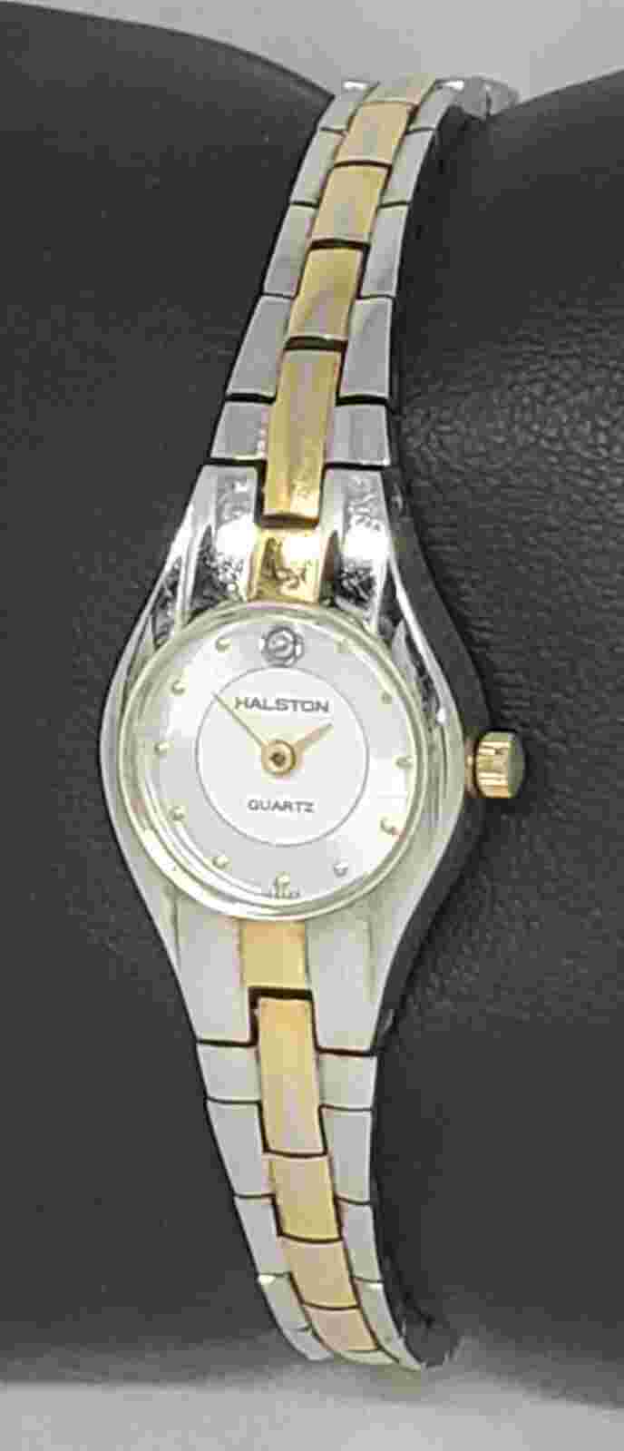 Ladies Halston Dress Elegant Stainless Silver Gold Tone Round Analog Watch C1