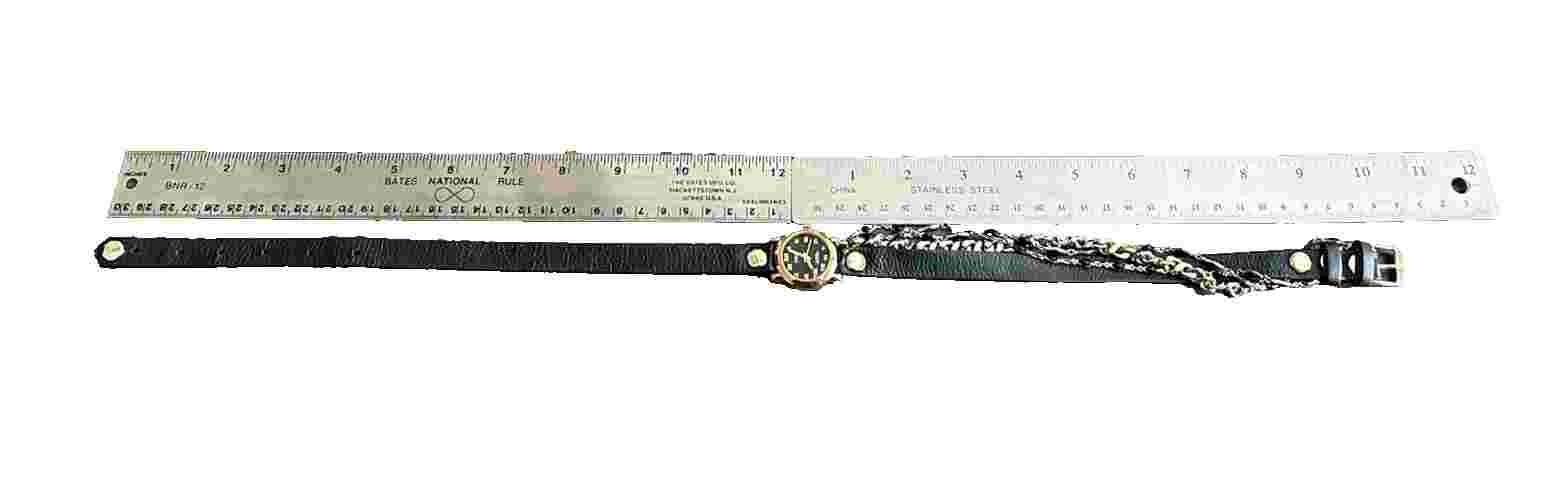 La Mer Collections Womens Chain Wrap Watch Black Leather Goldtone Wristwatch