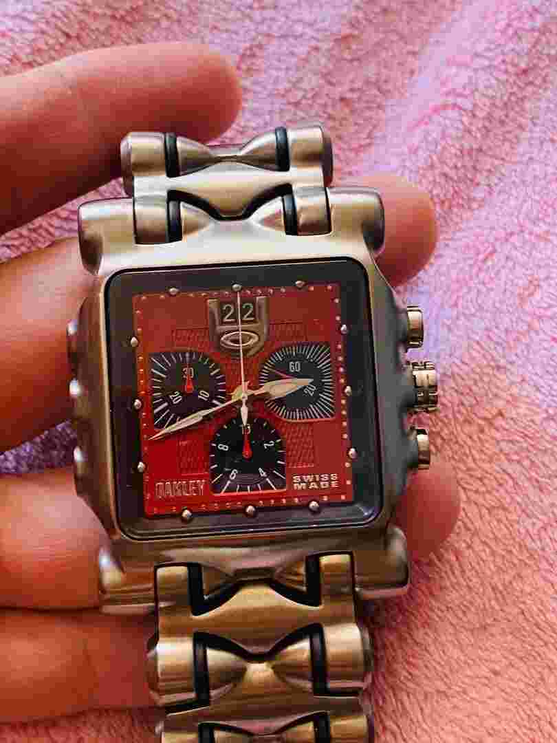 OAKLEY MINUTE MACHINE TITANIUM RED DIAL Quartz Men's Watch Working Exc++