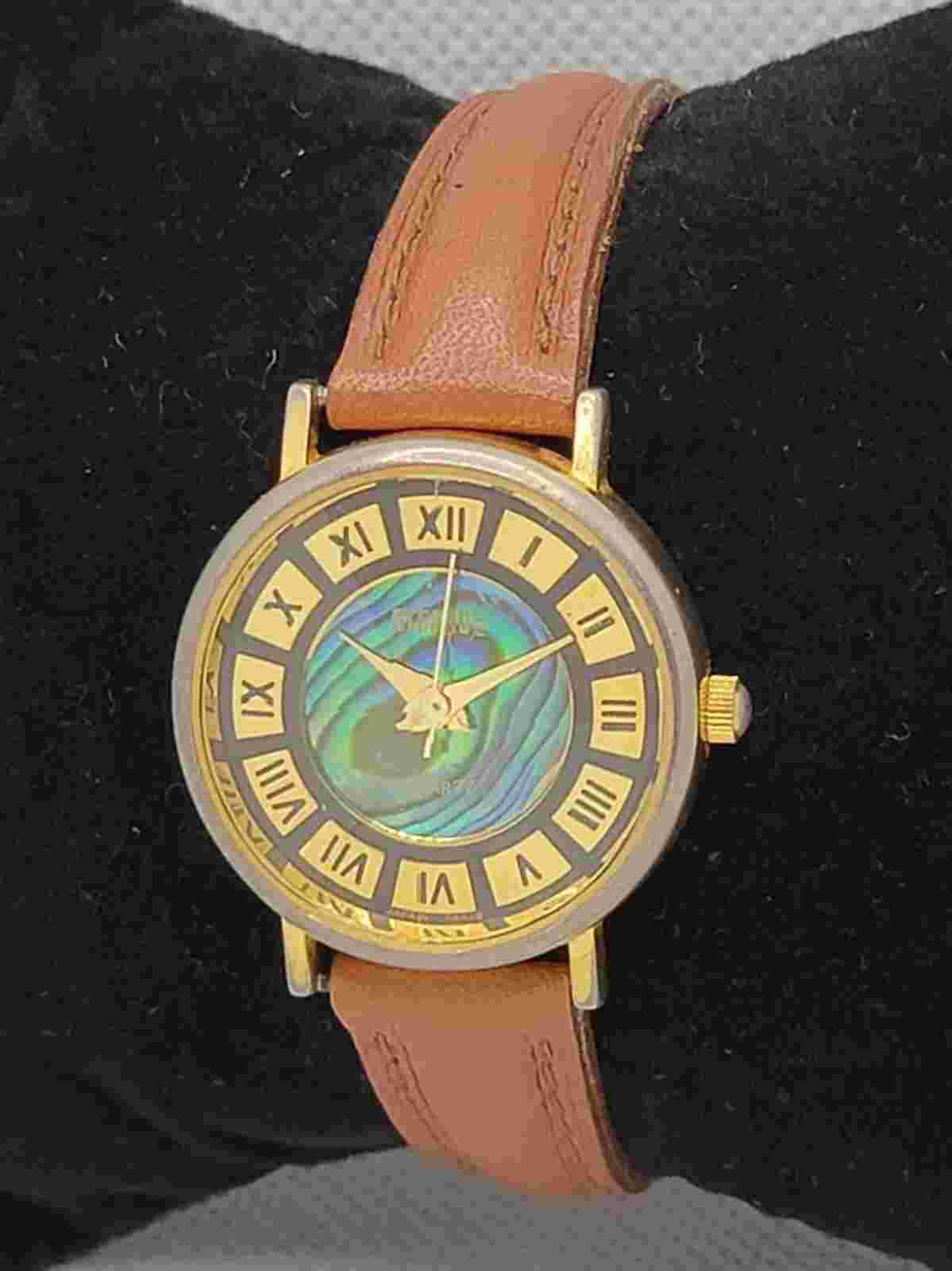 Ladies Gitano Round Gold Tone Prismatic Abalone Dial Brown Leather Band Watch J3