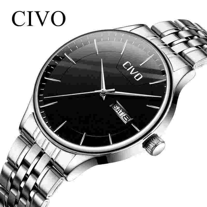 CIVO Mens Japan Quartz Movement Stainless Steel Wrist Watch English Spanish Day