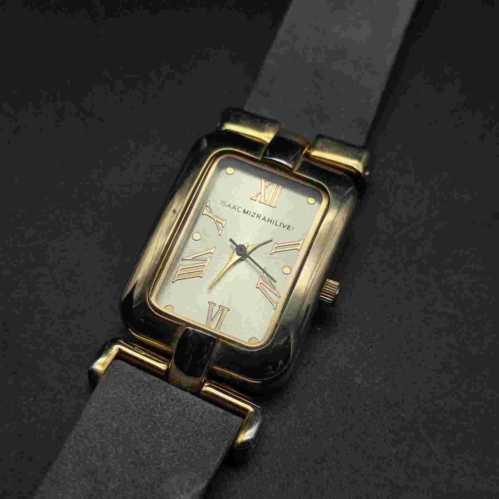 Isaac Mizrahi Live Wrist Watch Black Band Gold Tone Unisex Quartz WORKS