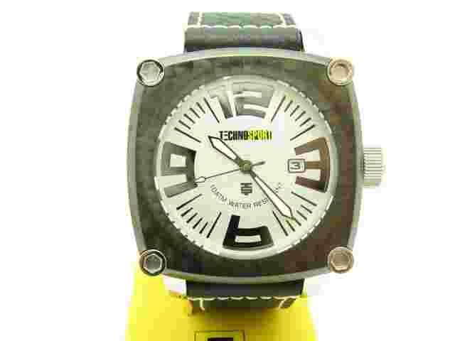 TECHNO SPORT CHRONOGRAPH STAINLESS STEEL BLACK LEATHER STRAP RECTANGULAR WATCH