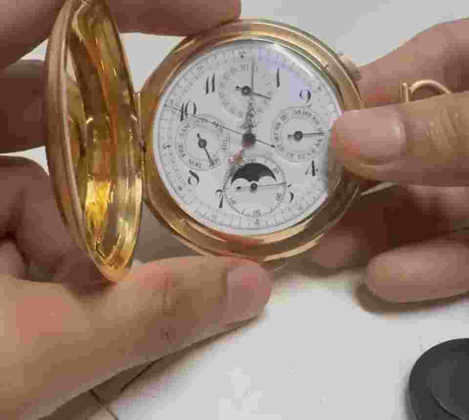 RIVAL FULL CALENDAR ANTIQUE POCKET WATCH MOON PHASE 1/4 REPEATER SOLID GOLD 14K