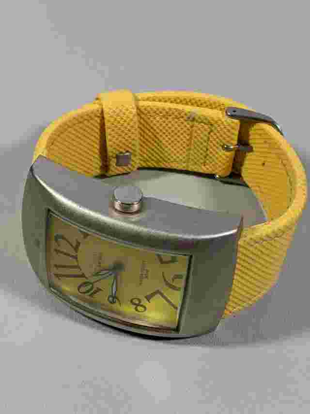 Activa Swiss Made Yellow Dial Silver Tone Rectangle Case 10 Inch Band Watch