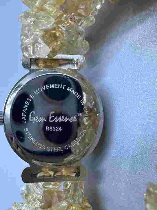 Gem Essence Watch Women Silver Tone MOP Dial Yellow Stone Chip Stretch Band New