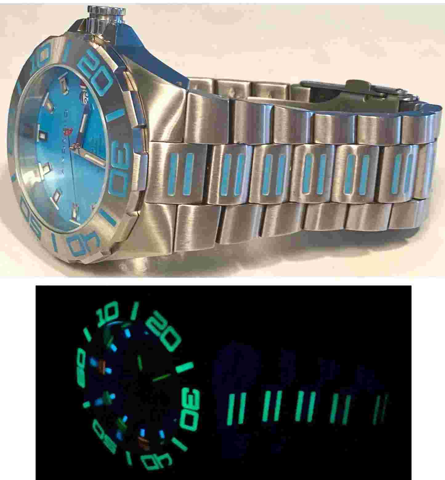 48mm Sky Blue Silvertone & Luminous Bezel + 8.75” Bracelet ANDROID Mens Watch