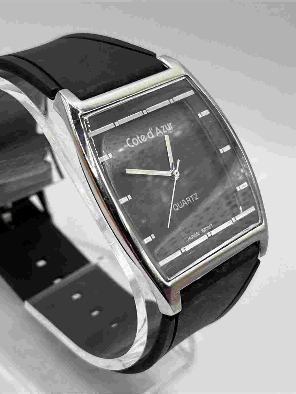 Côte d'Azur Men's Quartz Watch Black Resin Band Silver 38mm Case- New Battery