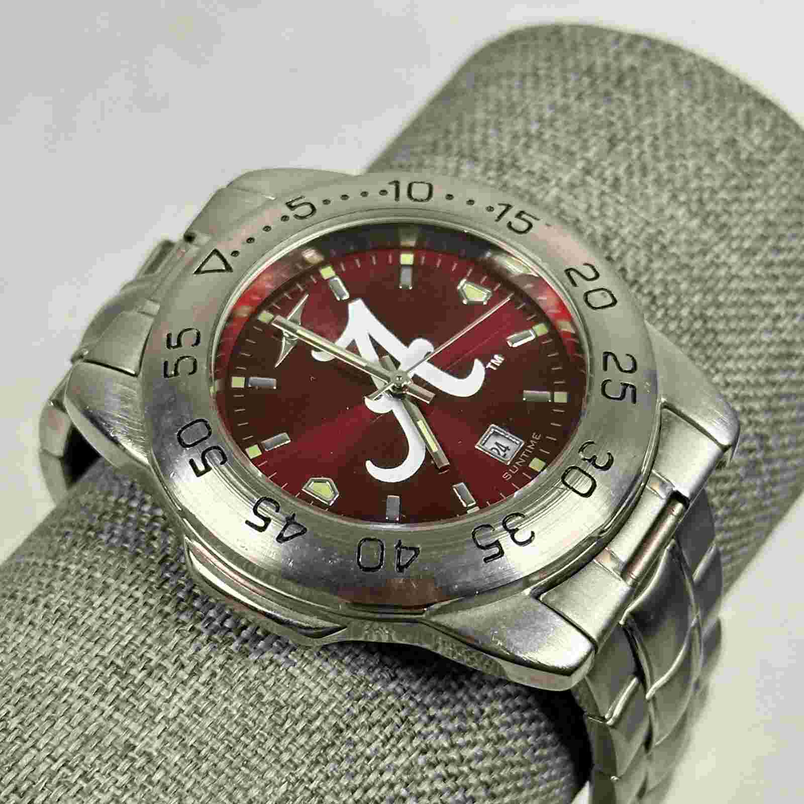 Alabama Crimson Tide Watch 34mm Date Red Dial Silver Tone 7"  New Battery