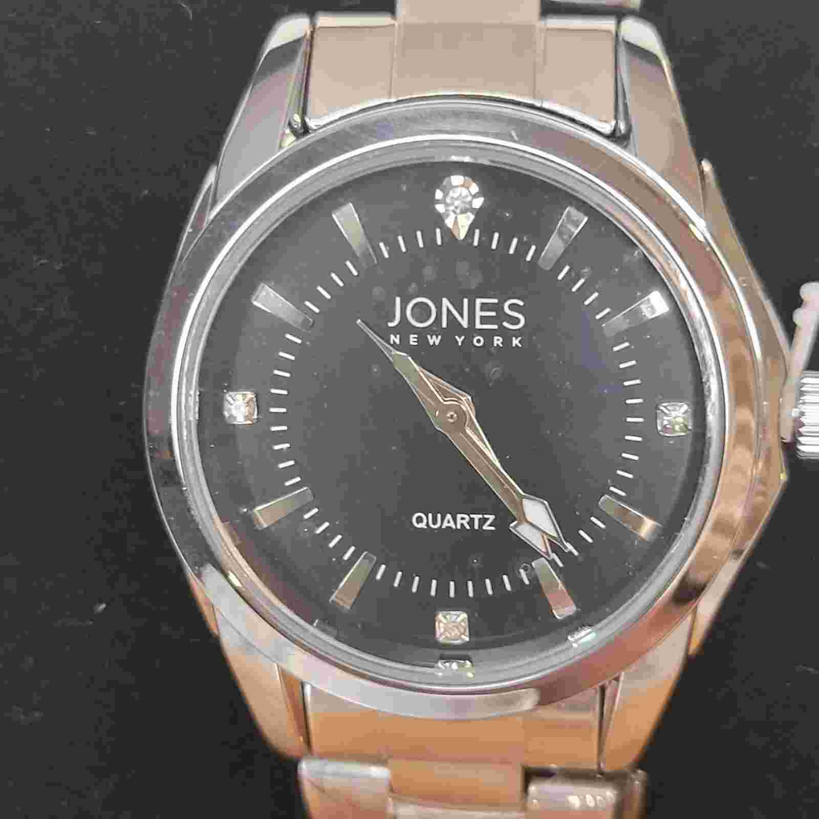 Jones New York Black Dial Silver Tone Stainless Steel Band Watch NEW 7.5 Inch