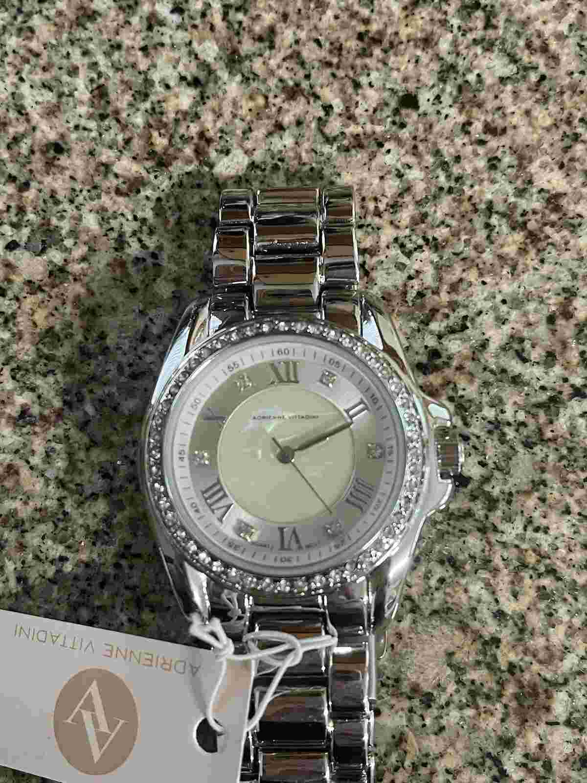 Adrienne Vittadini Silver Watch Mother Of Pearl Face Rhinestone Brand New w/Tags