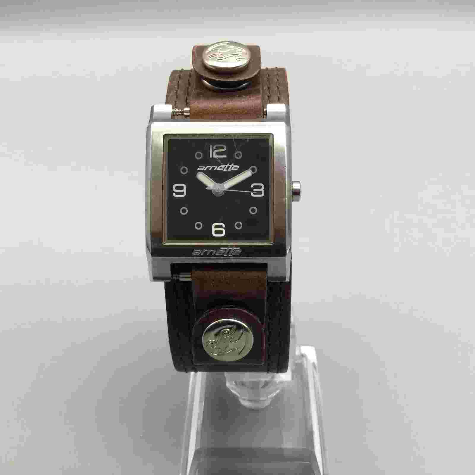Arnette Watch Unisex 27mm Silver Tone Square 50M Leather Cuff Band New Battery