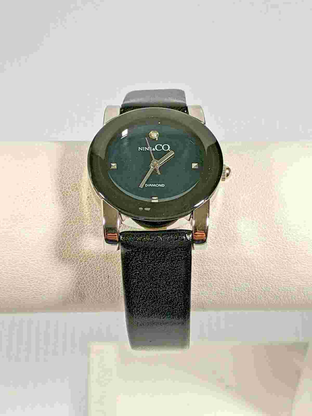 Nine & CO Diamond Silver Tone Black Faux Leather Band Watch 7.5 Inch