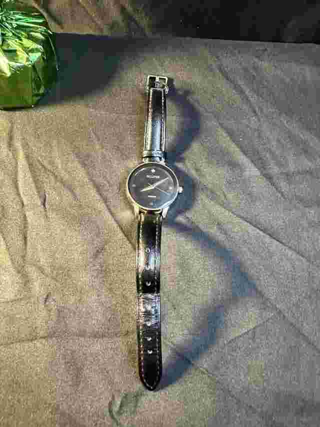 Eclipse Women’s Diamond Watch 32mm Gold Tone Case Black Dial Leather Band