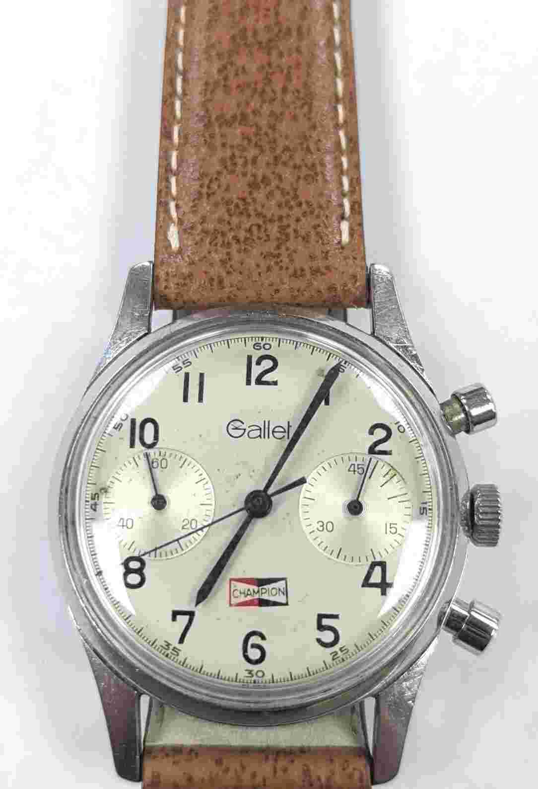 Vintage Gallet MultriChron 45 Stainless Steel Champion Dial Valjoux 7730 35mm