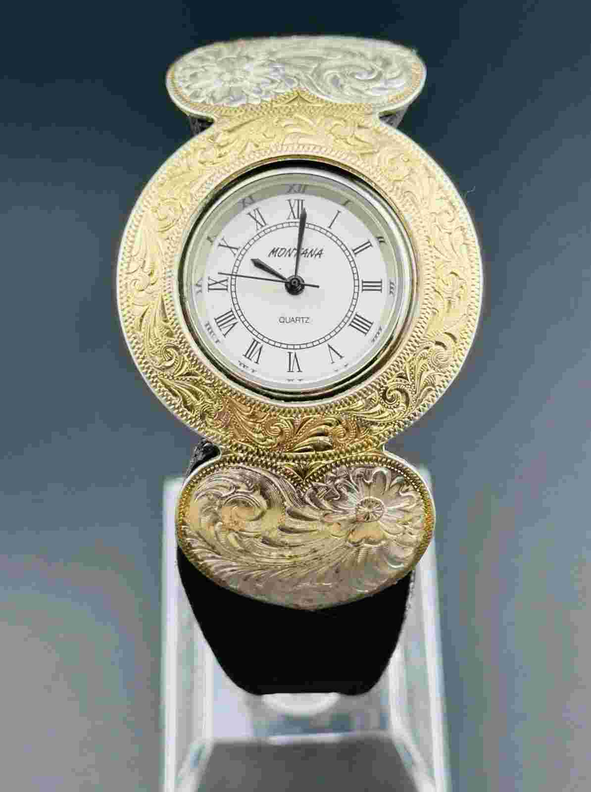 Working Montana Silversmiths 99 Western Silver / Gold Filigree Leather Watch K2