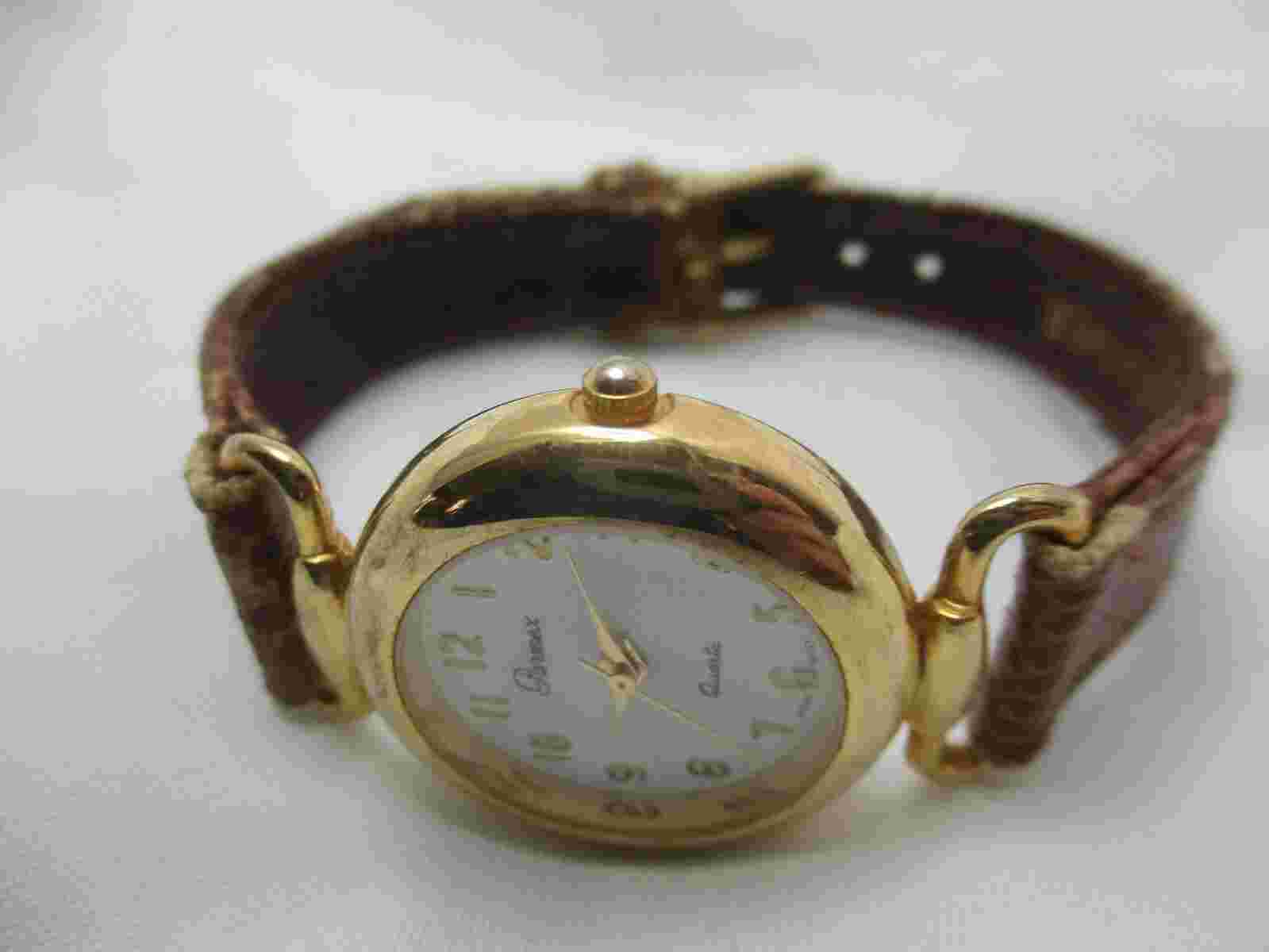 Parmex Analog Watch Brown Leather Band Gold Tone Round White Face Classic Style