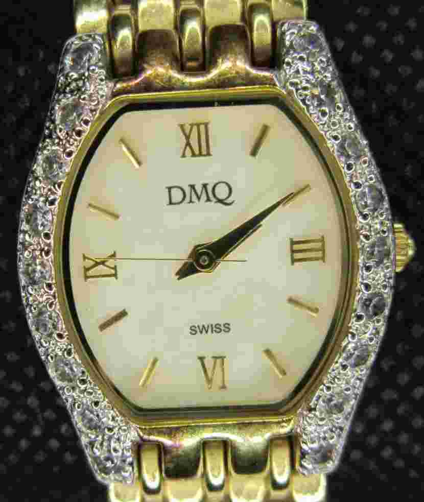 DMQ Women’s Watch Swiss Movement Gemmed Bezel Gold Tone Wristwatch New Battery