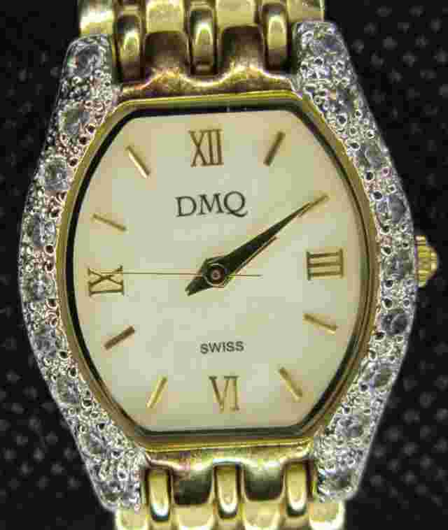 DMQ Women’s Watch Swiss Movement Gemmed Bezel Gold Tone Wristwatch New Battery