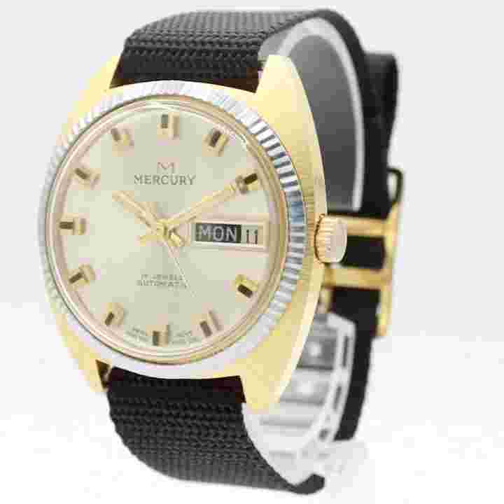 Vintage Mercury Fluted Day Date Men's Automatic Wristwatch 758 Swiss Gold Tone