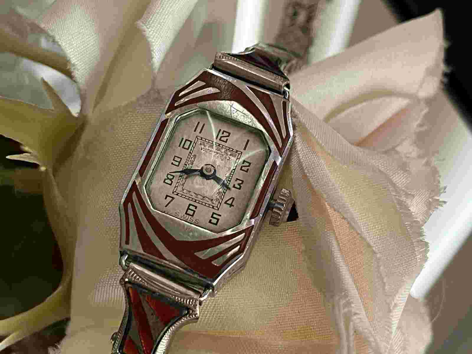 1930’s Ladies Art Deco Enamel  Banner Watch~ Enamel Matching Filigree Band