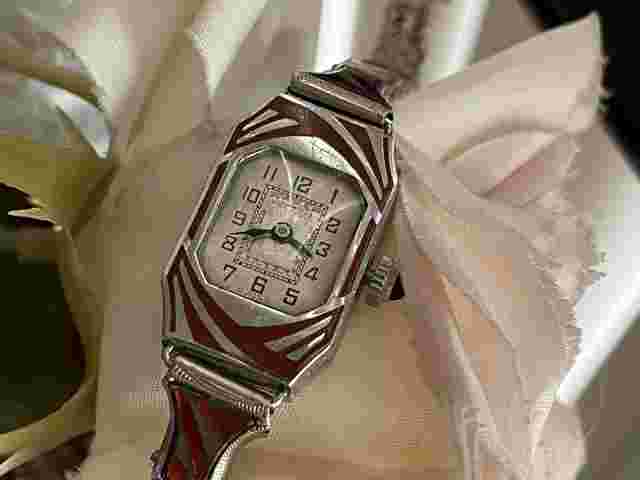 1930’s Ladies Art Deco Enamel  Banner Watch~ Enamel Matching Filigree Band