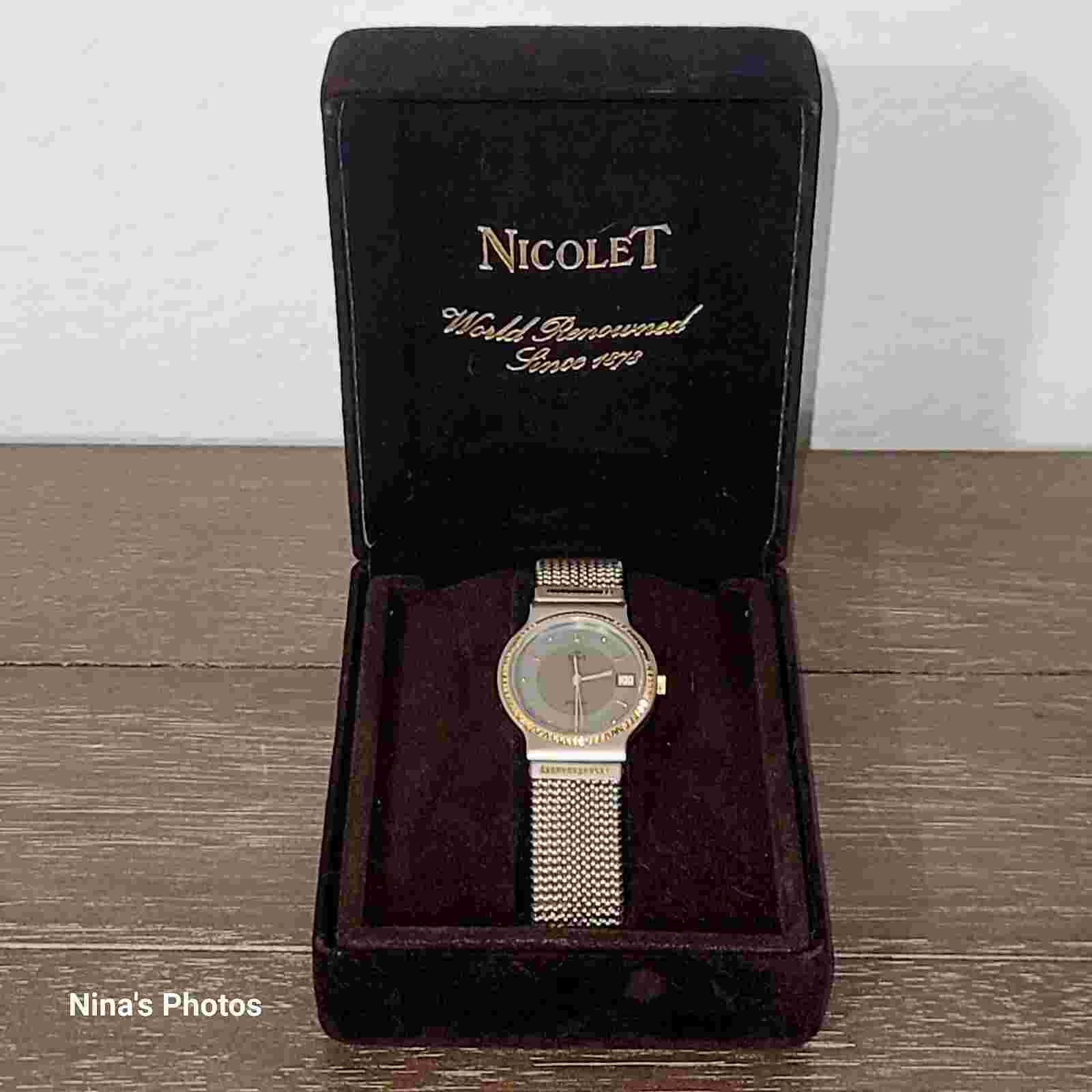 Nicolet Swiss Titanium 18k Gold Bezel 30mm Stretch Band 7 Jewel Quartz Watch