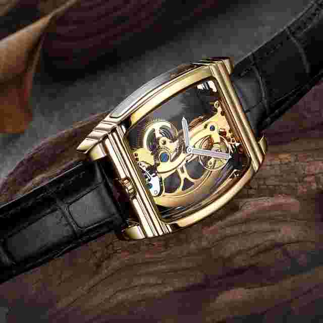 Christmas Men's gold Bridge Transparent Mechanical Skeleton Watch Black Leather