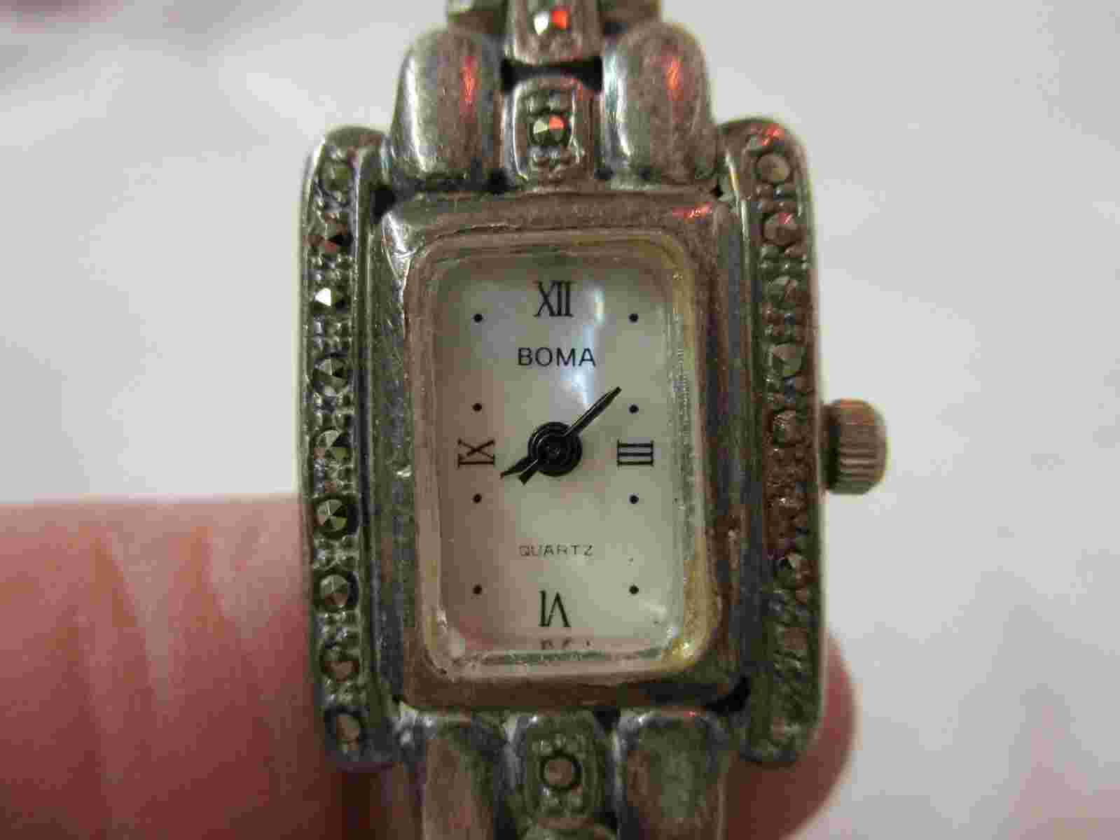 Boma Ladies quartz Wrist Watch 925 Sterling silver Band MOP Dial Marcasites
