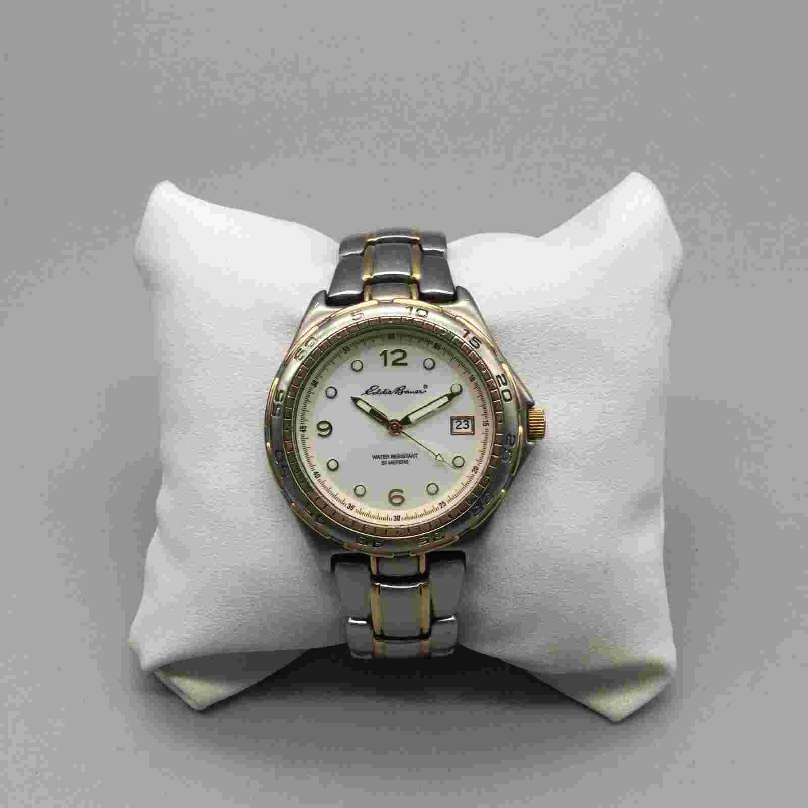 Eddie Bauer LG Sport Watch Men 40mm Silver Gold Tone Date New Battery 7.25"