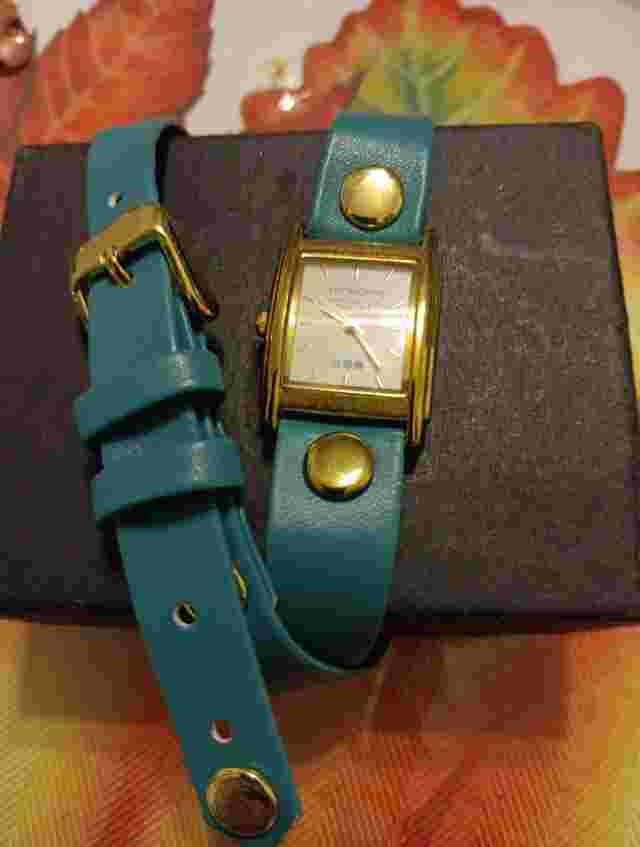 La Mer Collection Gold Tone Beige Faux Leather Wrap Bracelet Band Watch 23 Inch
