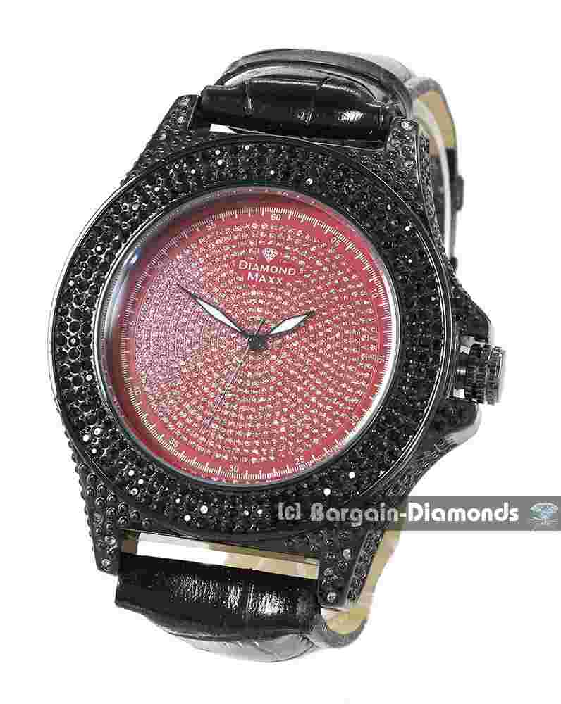 Mens 50 mm Diamond Black CZ Ice Out Red Dial Clubbing Watch Leather 8"-10"
