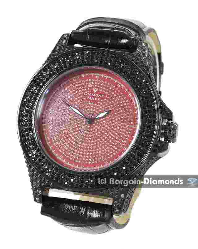 Mens 50 mm Diamond Black CZ Ice Out Red Dial Clubbing Watch Leather 8"-10"